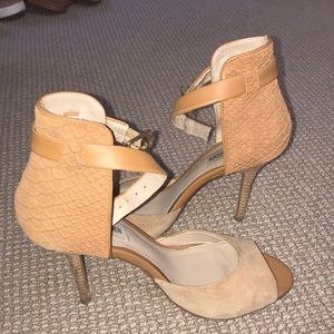 Steve Madden tan ankle strap heels.
